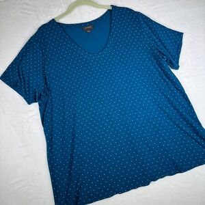 J Jill Wear Ever Collection Teal Polka Dot V Neck Short Sleeve Top Plus XL